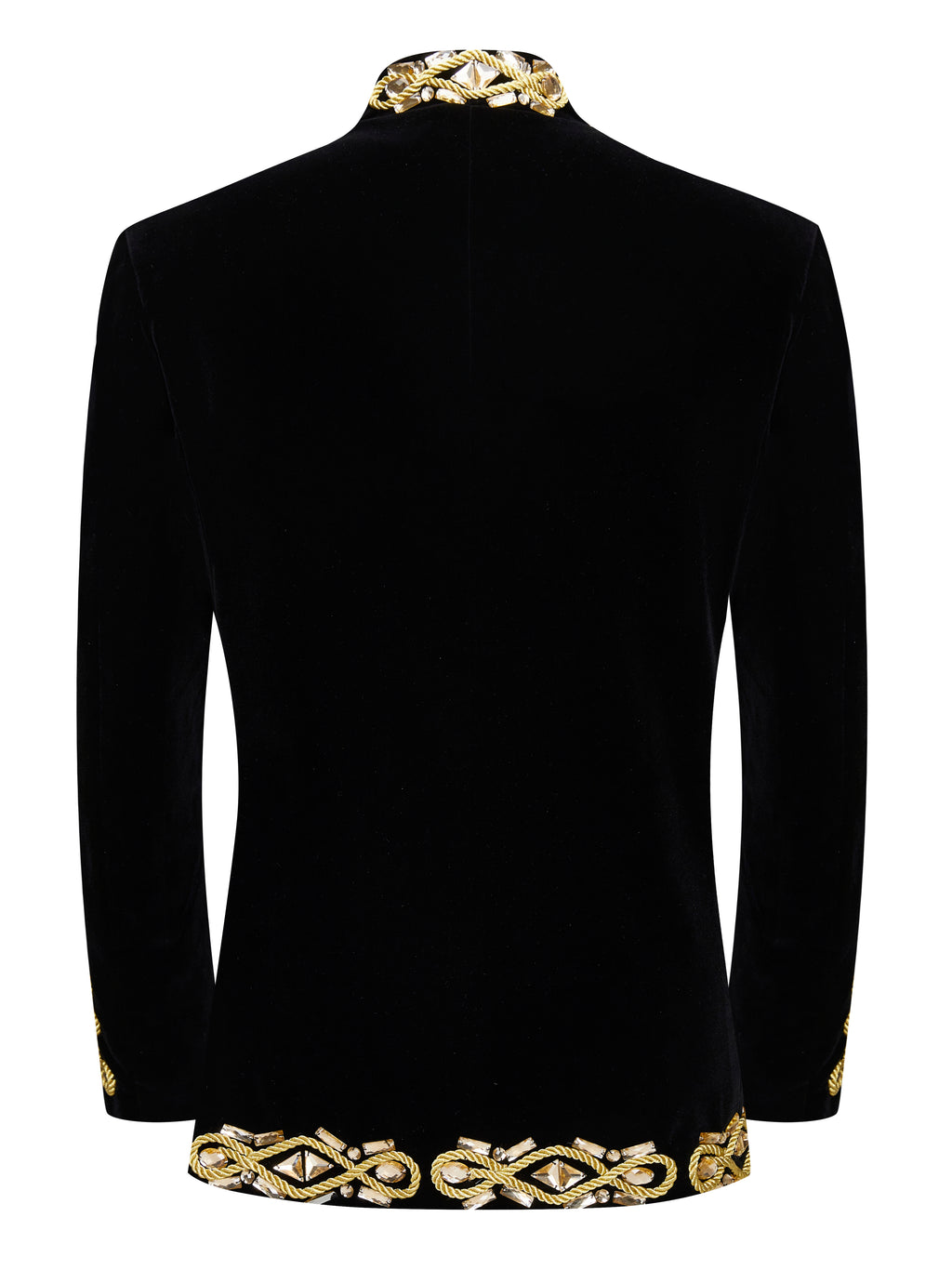 Men’s Luxury Black Velvet Military Jacket with Hand-Sewn Crystals & Gold Cord Trim