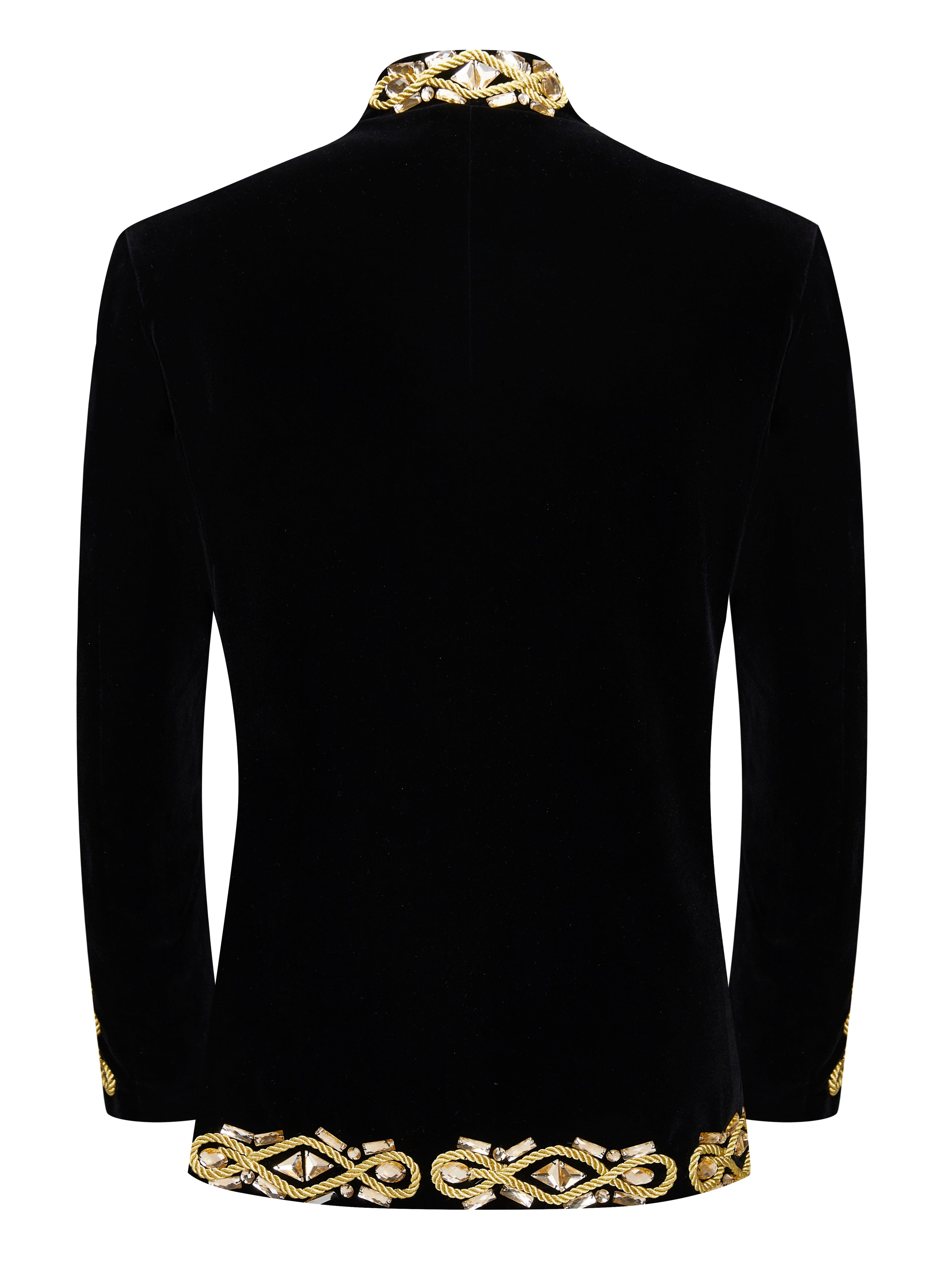 Men’s Luxury Black Velvet Military Jacket with Hand-Sewn Crystals & Gold Cord Trim