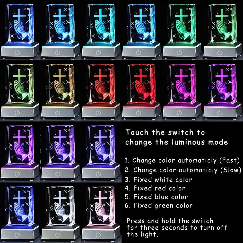 1pc 3D Crystal Cross In Hand With Multicolor LED Night Light, Praying Hands Gifts For Women Man Christian Gifts For Friend 3.15*1.97*1.97in