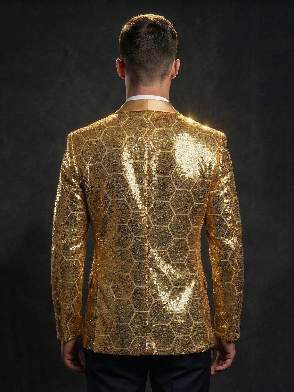 Men’s Gold Honeycomb Sequin Blazer – Luxury 3D Geometric Stage Jacket for Parties, Weddings & Performances