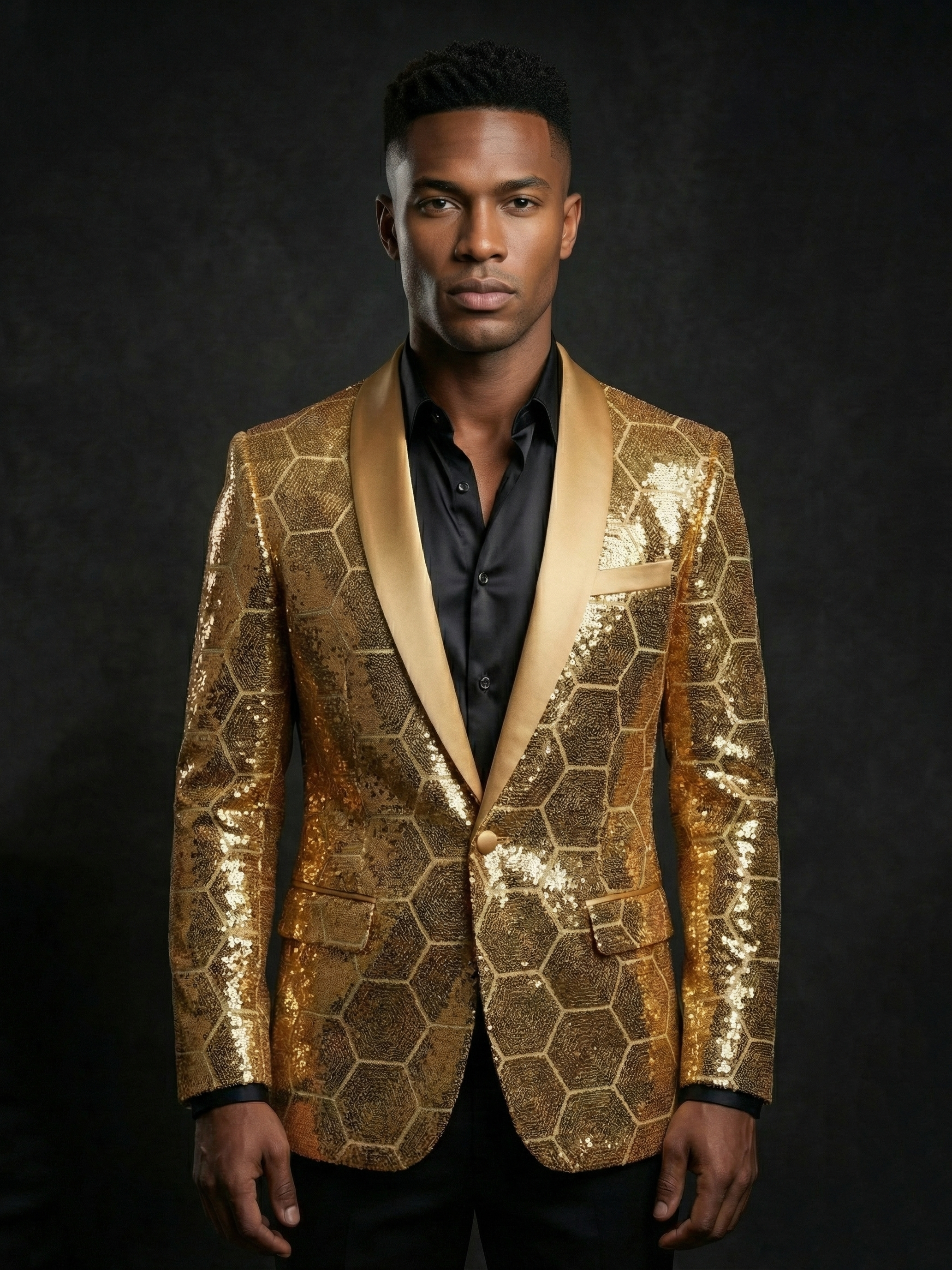 Men’s Gold Honeycomb Sequin Blazer – Luxury 3D Geometric Stage Jacket for Parties, Weddings & Performances