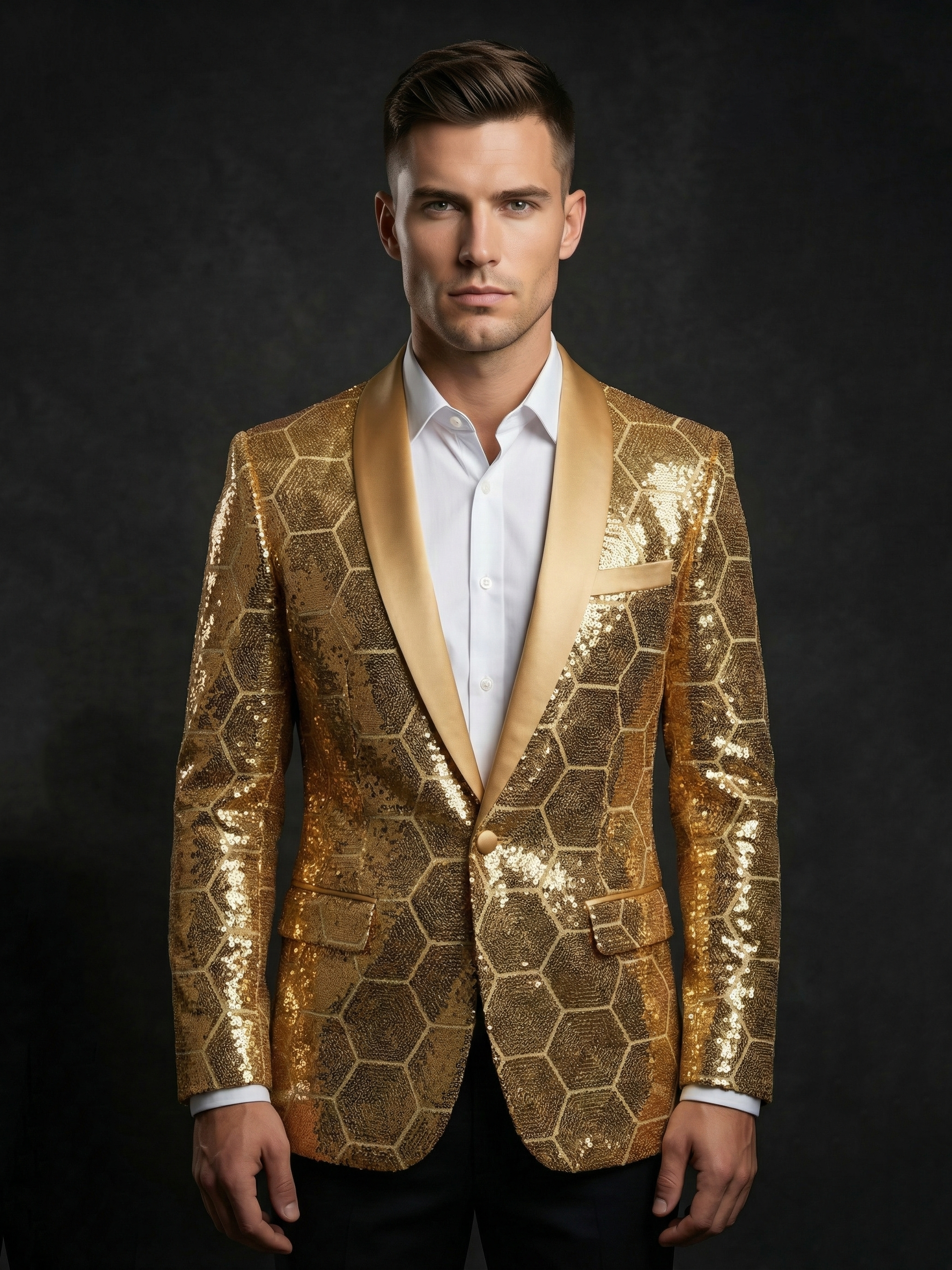 Men’s Gold Honeycomb Sequin Blazer – Luxury 3D Geometric Stage Jacket for Parties, Weddings & Performances
