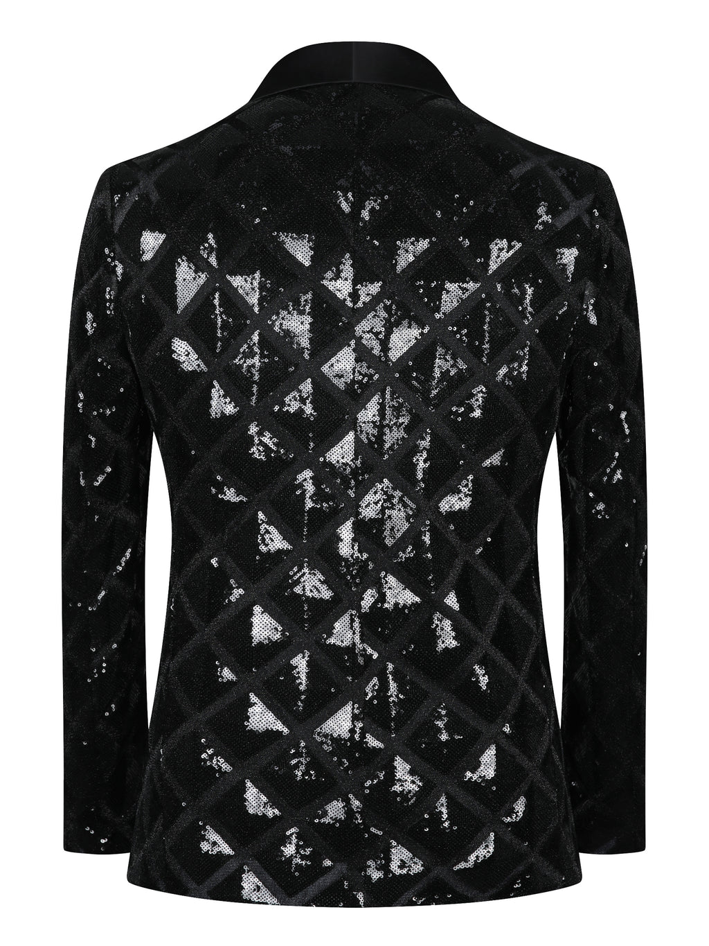 Men’s Black Diamond Grid Sequin Blazer – Luxury Geometric Pattern with Satin Peak Lapel