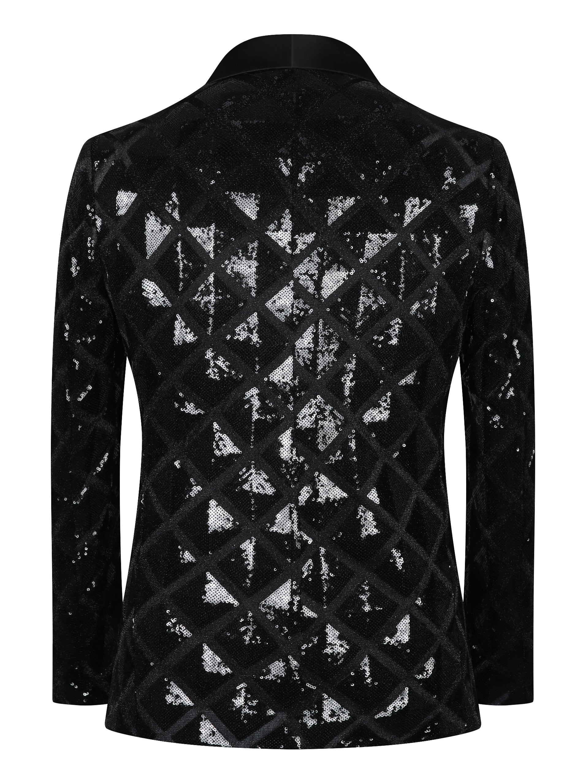 Men’s Black Diamond Grid Sequin Blazer – Luxury Geometric Pattern with Satin Peak Lapel