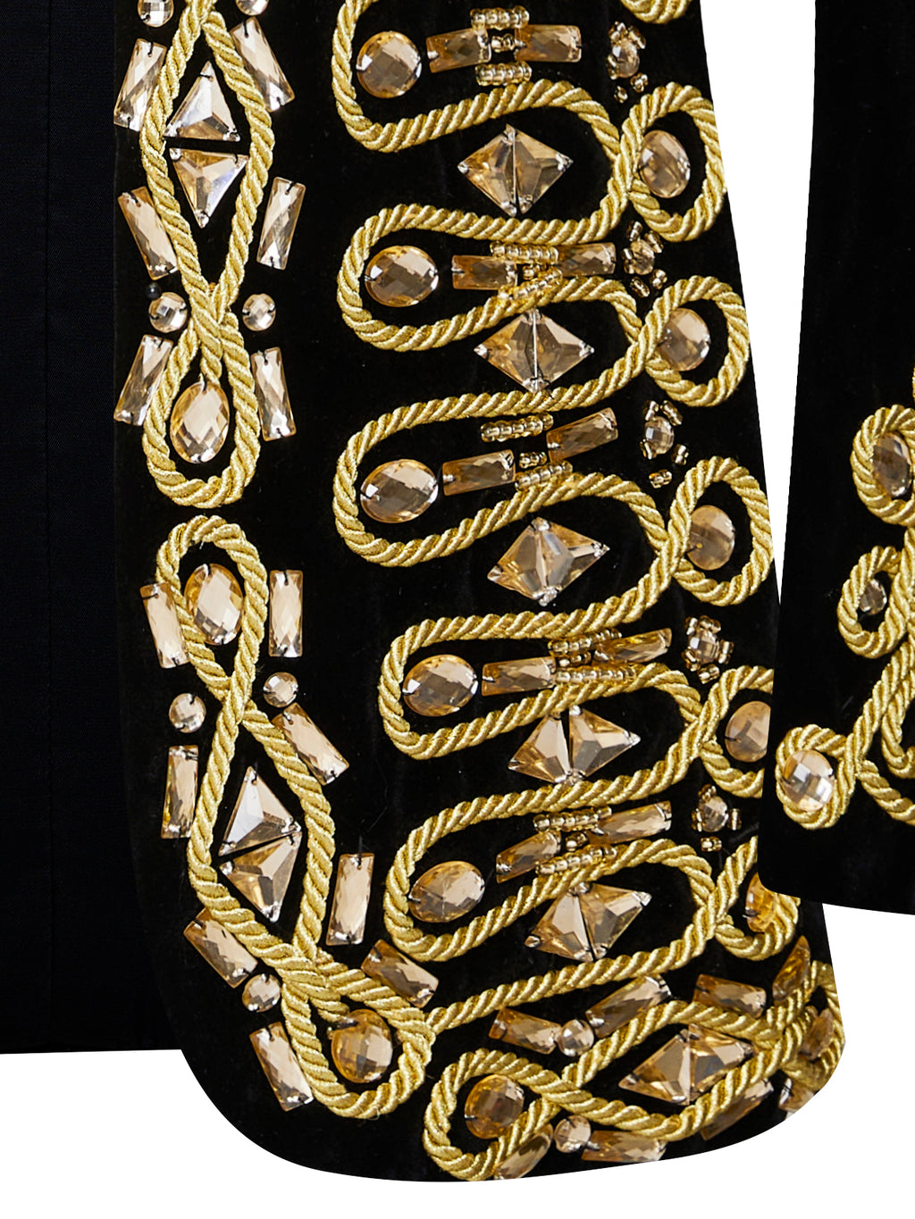 Men’s Luxury Black Velvet Military Jacket with Hand-Sewn Crystals & Gold Cord Trim