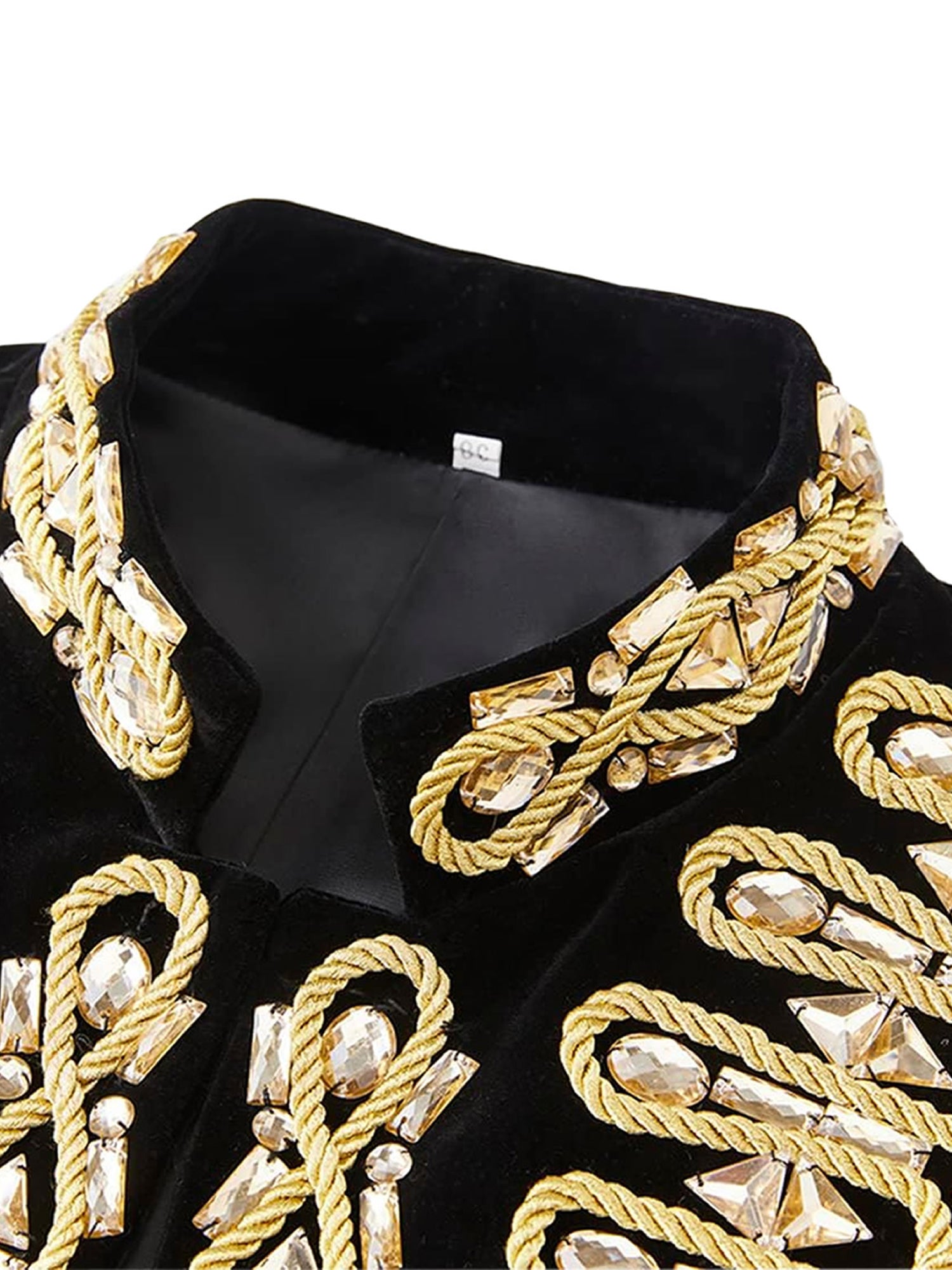 Men’s Luxury Black Velvet Military Jacket with Hand-Sewn Crystals & Gold Cord Trim