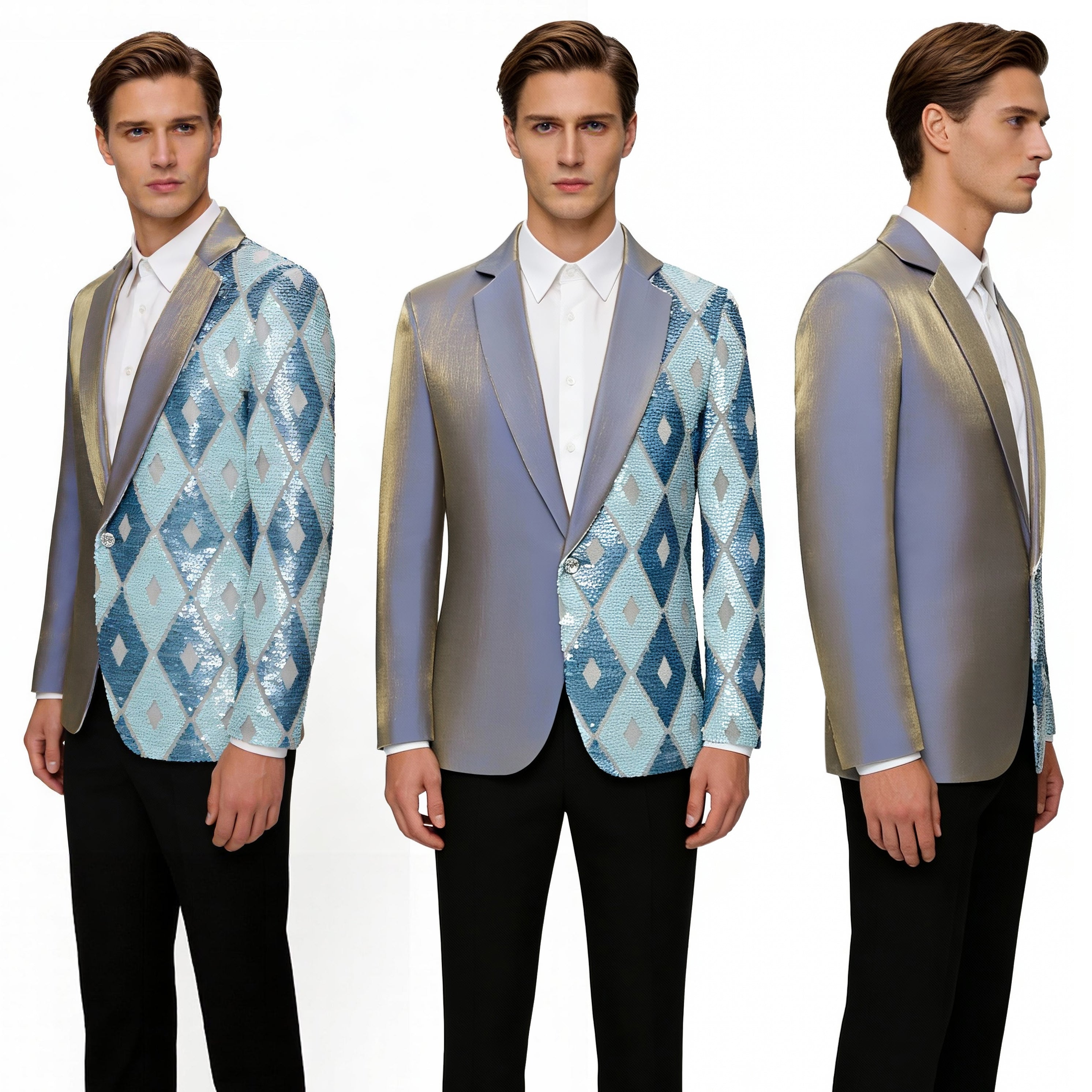 Men’s Asymmetrical Sequin Blazer – Luxury Geometric Statement Jacket for Stage & Events