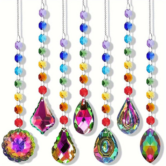 7pcs Colorful Crystal Sun Catcher Set - Handcrafted Prism Pendants with Hooks for Window, Garden, Christmas & Wedding Decor