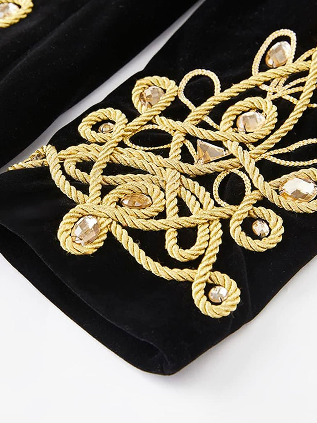 Men’s Luxury Black Velvet Military Jacket with Hand-Sewn Crystals & Gold Cord Trim