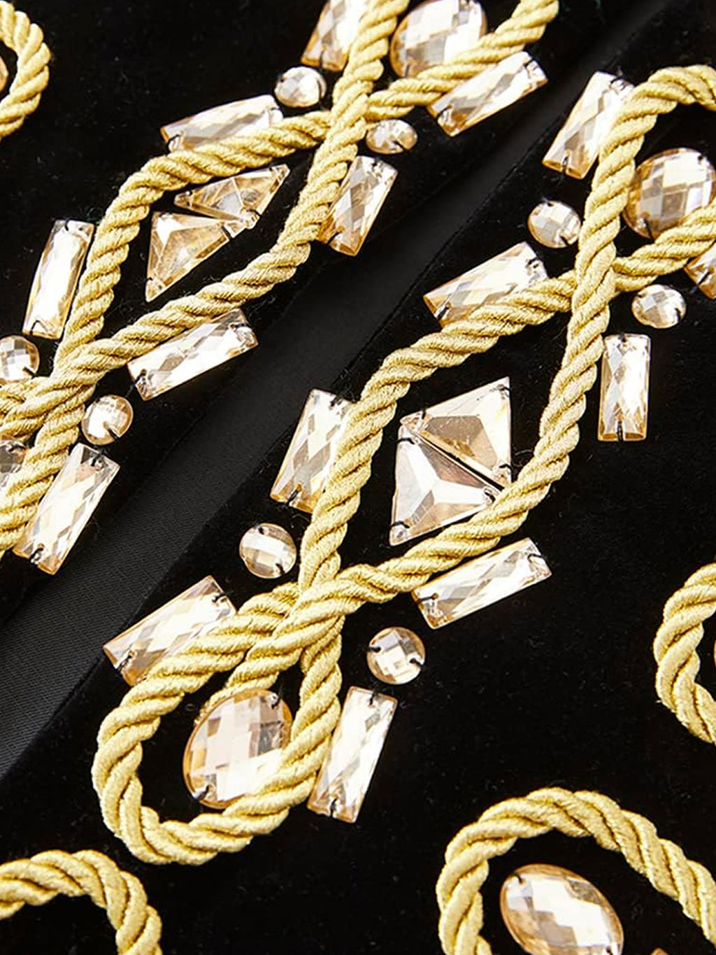 Men’s Luxury Black Velvet Military Jacket with Hand-Sewn Crystals & Gold Cord Trim