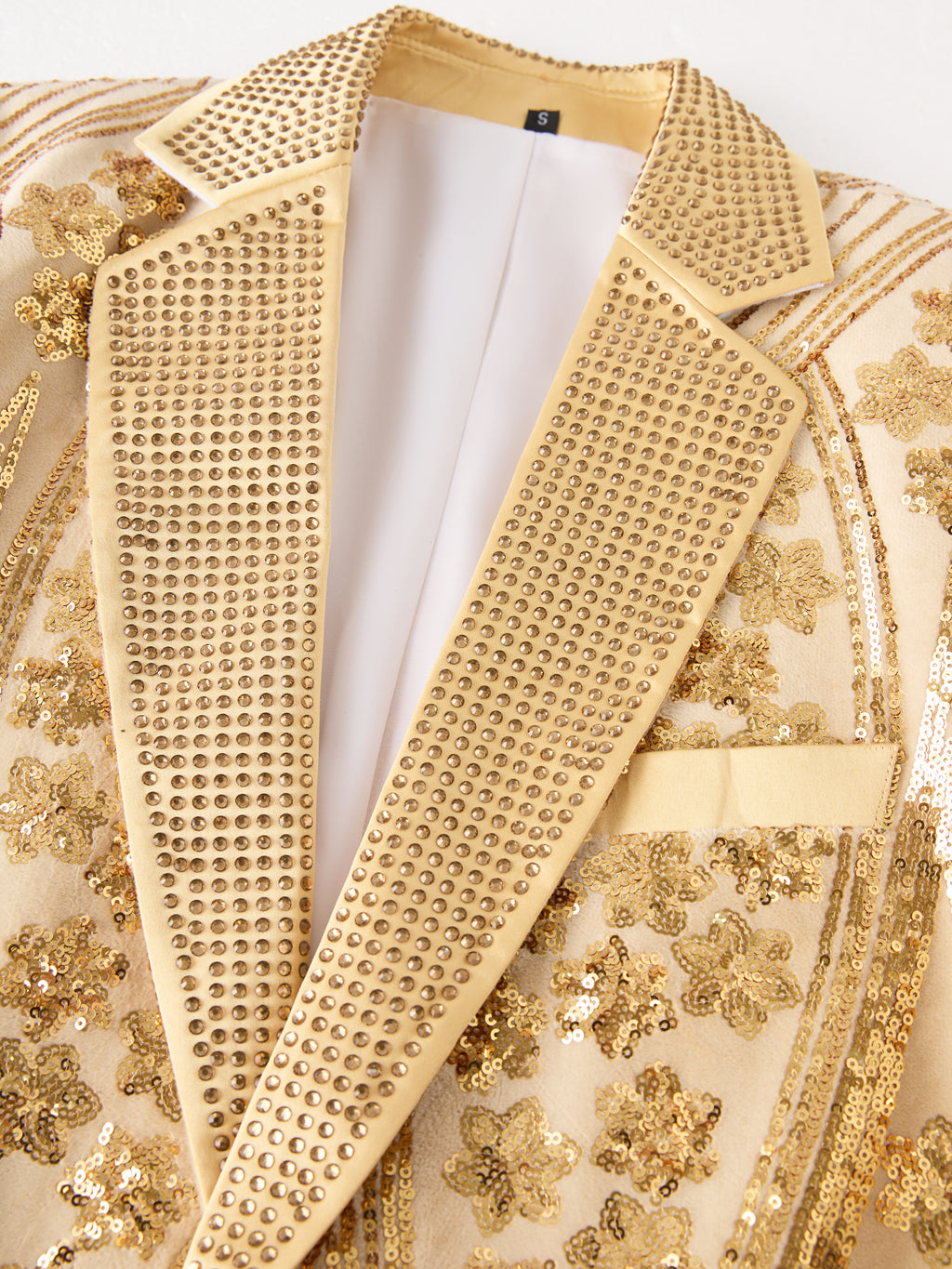 Men’s Gold Paisley-Inspired Sequin Blazer – Crystal Detailed Notch Lapel Statement Jacket