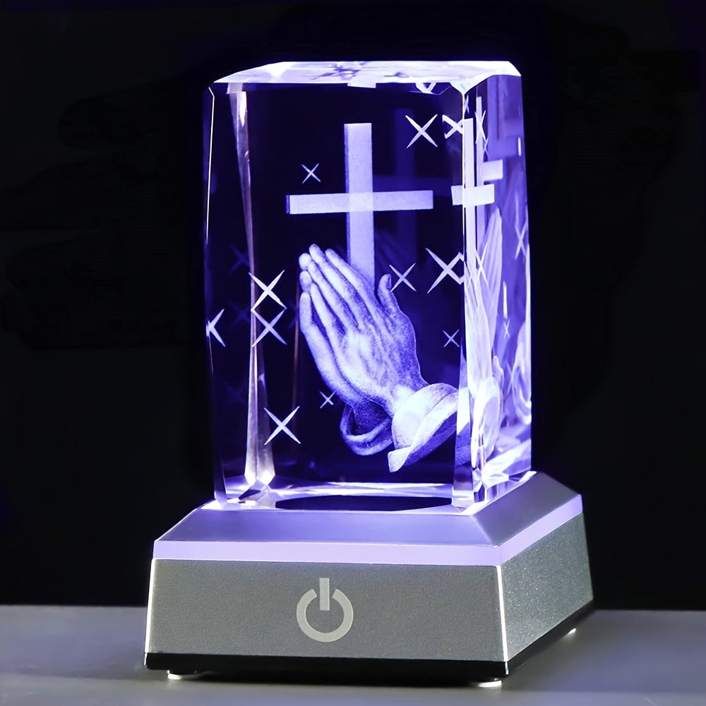 1pc 3D Crystal Cross In Hand With Multicolor LED Night Light, Praying Hands Gifts For Women Man Christian Gifts For Friend 3.15*1.97*1.97in