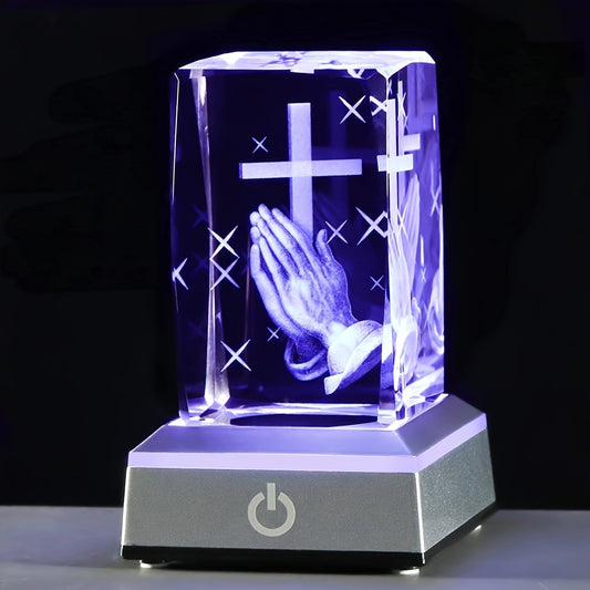 1pc 3D Crystal Cross In Hand With Multicolor LED Night Light, Praying Hands Gifts For Women Man Christian Gifts For Friend 3.15*1.97*1.97in
