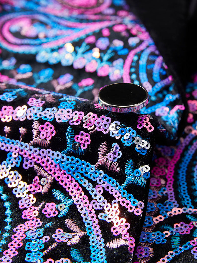 Men’s Luxury Paisley Sequin Blazer – Iridescent Purple & Blue Statement Jacket