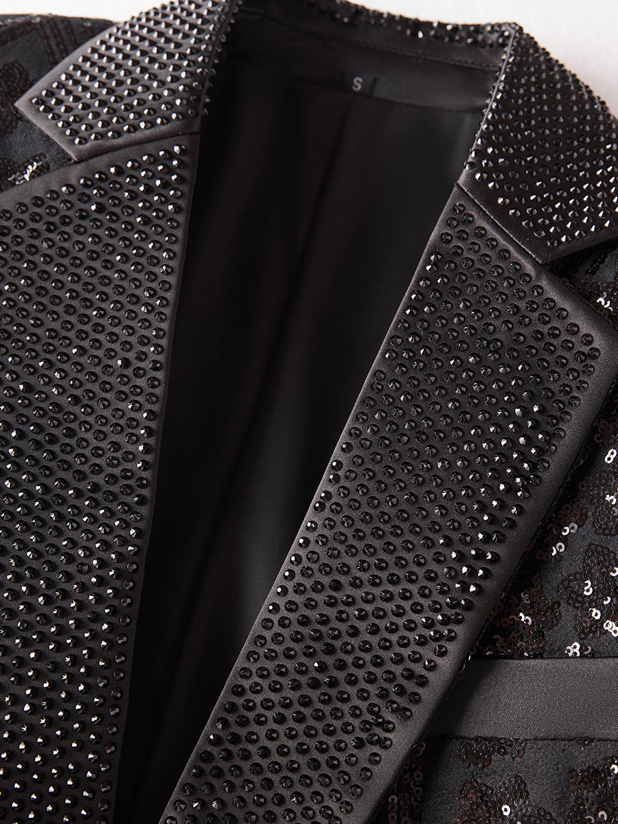 Men’s Gold Paisley-Inspired Sequin Blazer – Crystal Detailed Notch Lapel Statement Jacket-Black