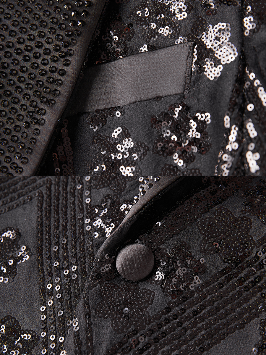 Men’s Gold Paisley-Inspired Sequin Blazer – Crystal Detailed Notch Lapel Statement Jacket-Black
