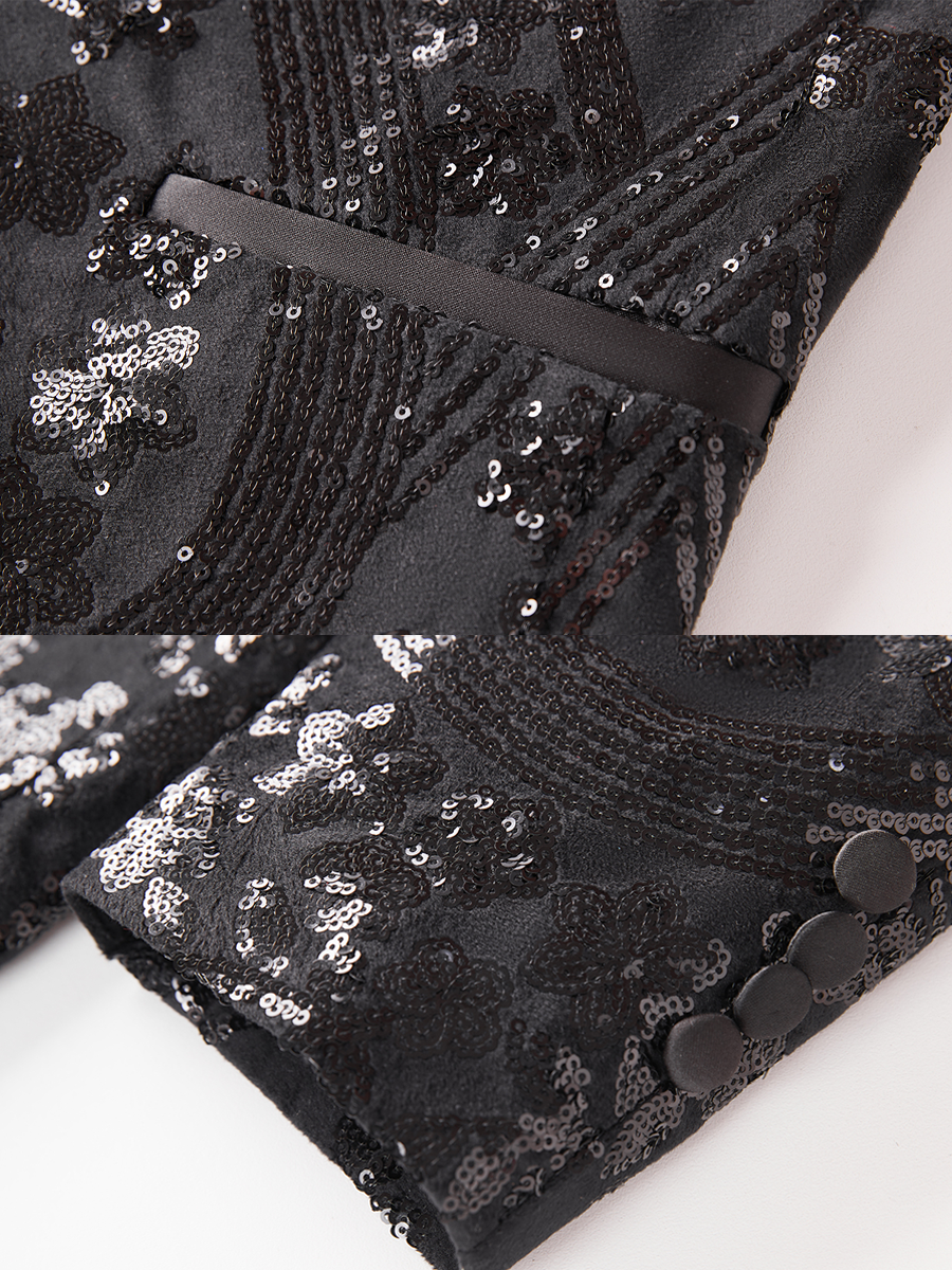 Men’s Gold Paisley-Inspired Sequin Blazer – Crystal Detailed Notch Lapel Statement Jacket-Black