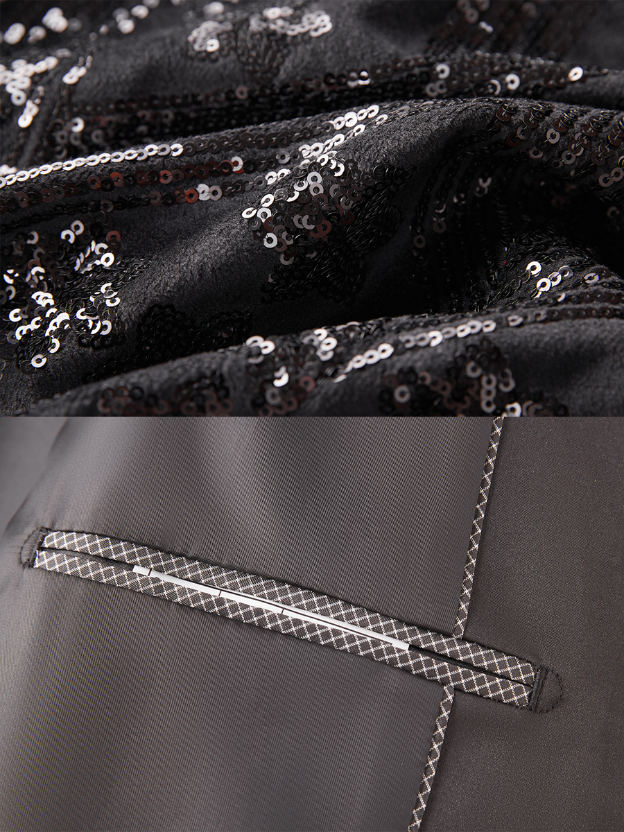 Men’s Gold Paisley-Inspired Sequin Blazer – Crystal Detailed Notch Lapel Statement Jacket-Black