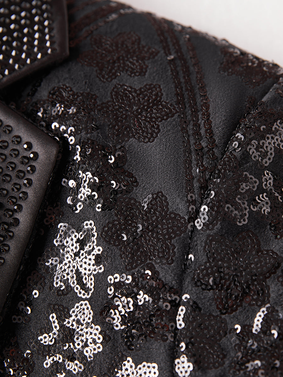 Men’s Gold Paisley-Inspired Sequin Blazer – Crystal Detailed Notch Lapel Statement Jacket-Black