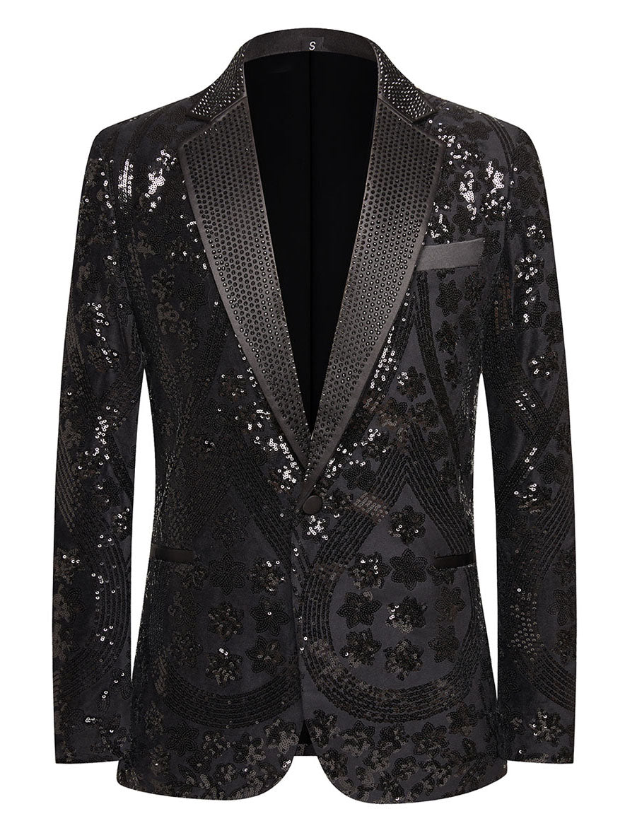 Men’s Gold Paisley-Inspired Sequin Blazer – Crystal Detailed Notch Lapel Statement Jacket-Black