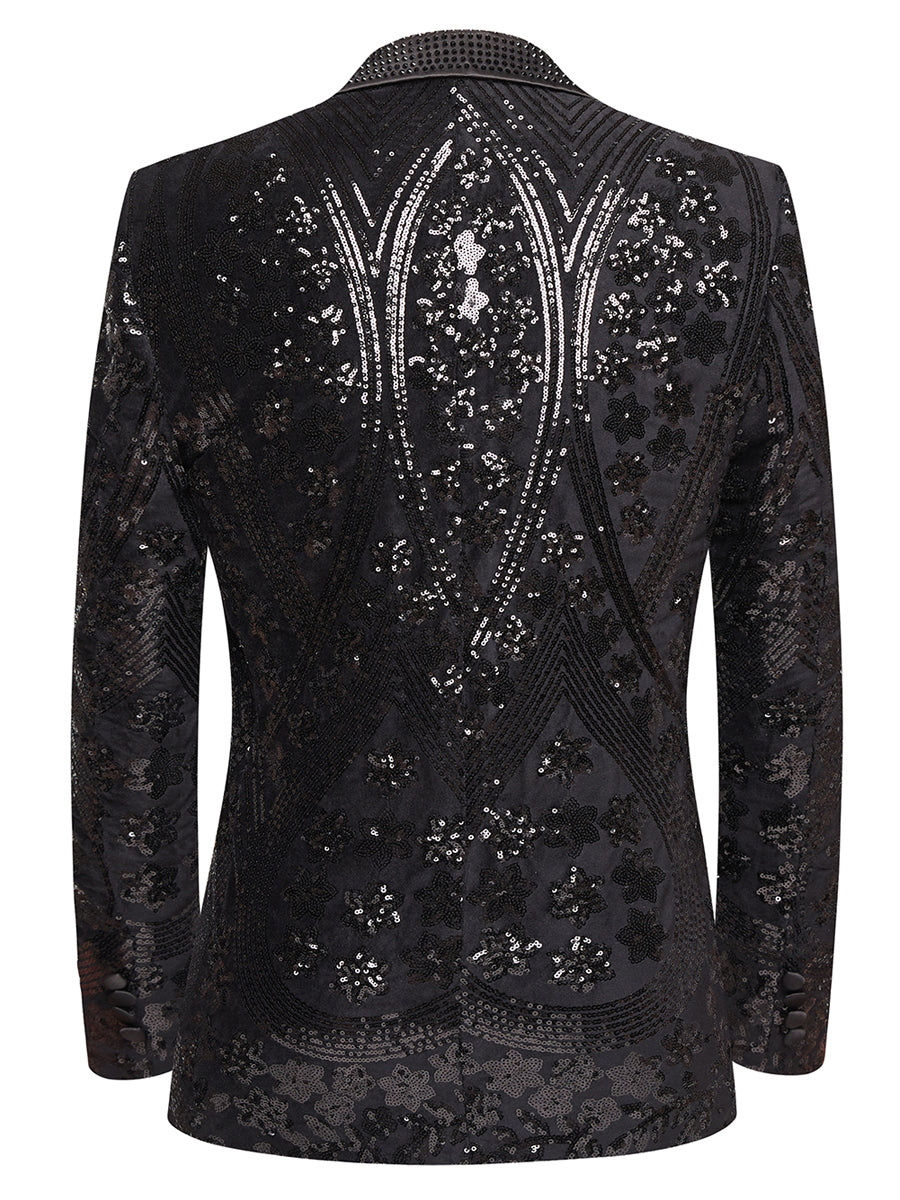 Men’s Gold Paisley-Inspired Sequin Blazer – Crystal Detailed Notch Lapel Statement Jacket-Black