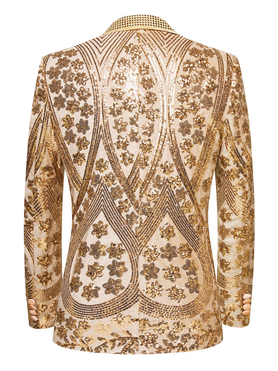 Men’s Gold Paisley-Inspired Sequin Blazer – Crystal Detailed Notch Lapel Statement Jacket