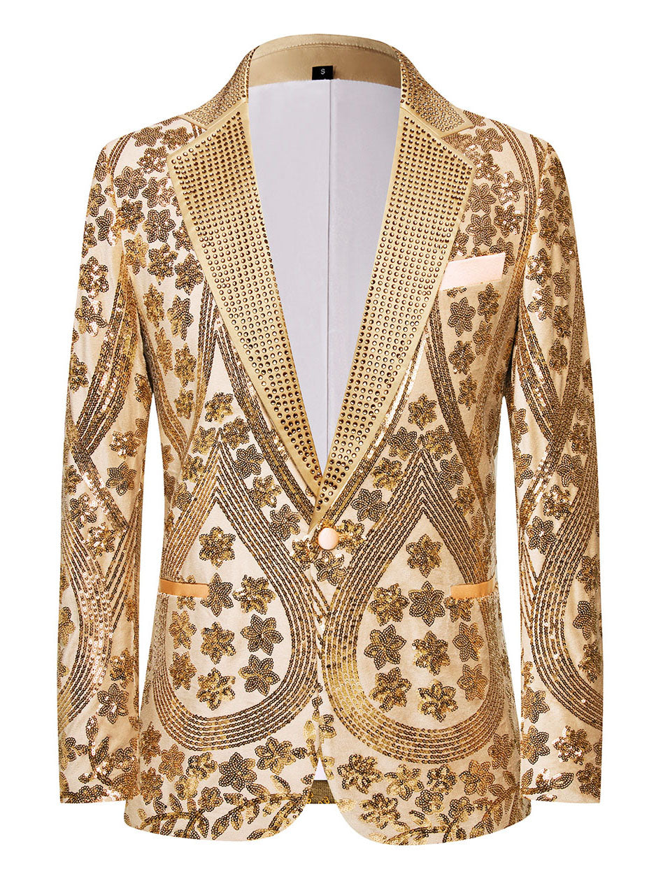 Men’s Gold Paisley-Inspired Sequin Blazer – Crystal Detailed Notch Lapel Statement Jacket