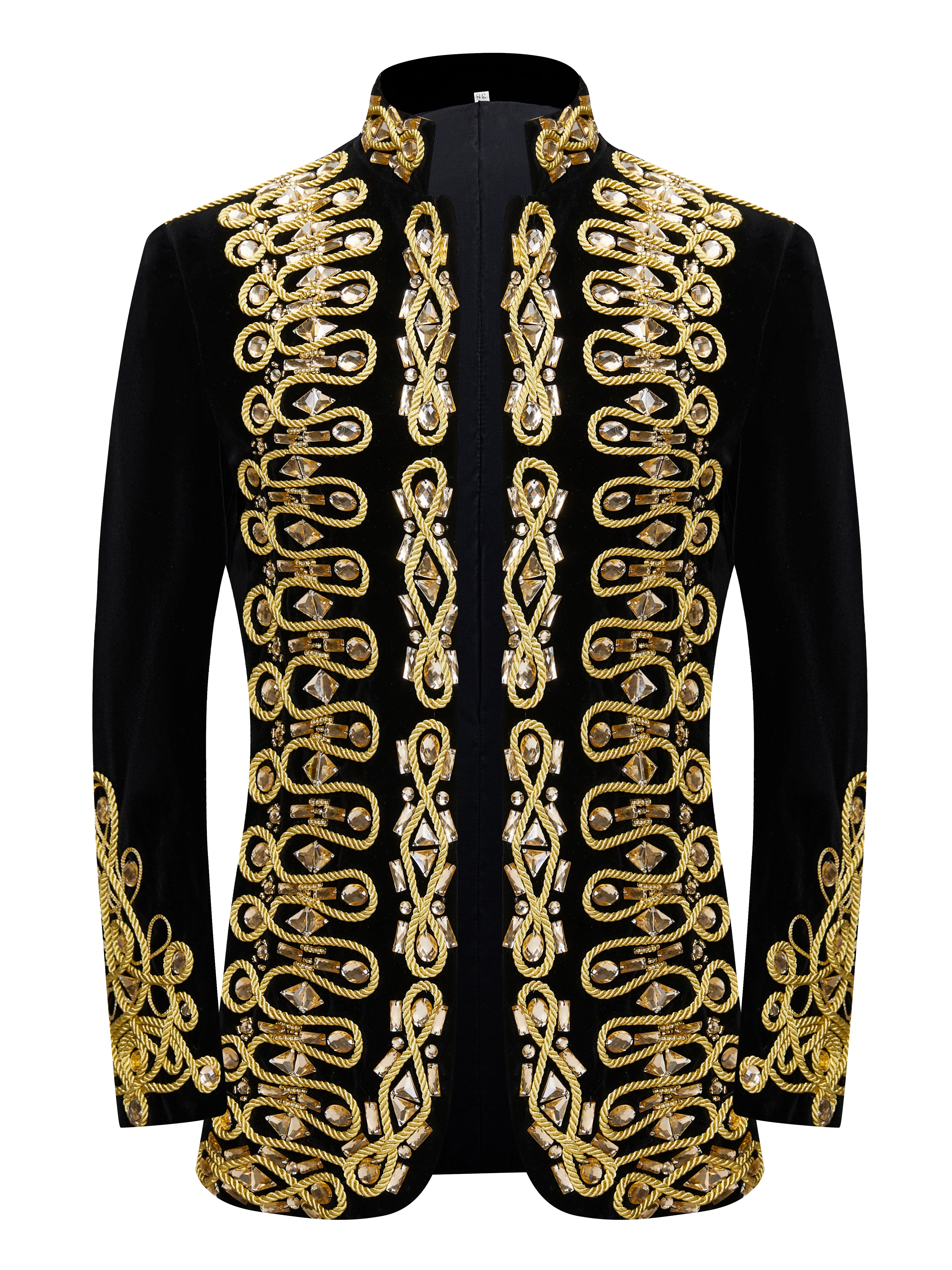 Men’s Luxury Black Velvet Military Jacket with Hand-Sewn Crystals & Gold Cord Trim