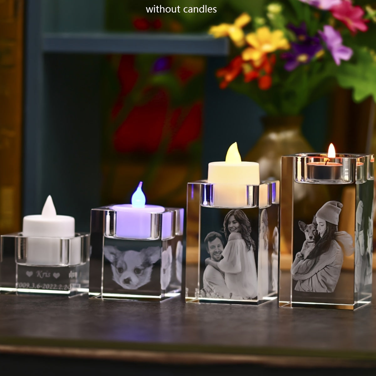 Custom Photo Crystal Glass Candle Holder - Elegant, Personalized Decor for Romantic Dinners, Weddings & Home - Versatile No-Flame Light Base for Gifts (Candle Not Included)