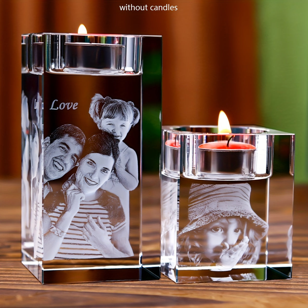 Custom Photo Crystal Glass Candle Holder - Elegant, Personalized Decor for Romantic Dinners, Weddings & Home - Versatile No-Flame Light Base for Gifts (Candle Not Included)