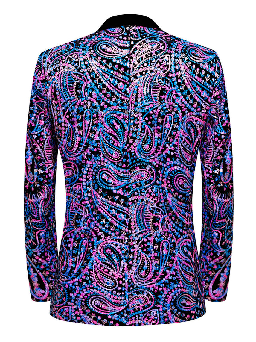 Men’s Luxury Paisley Sequin Blazer – Iridescent Purple & Blue Statement Jacket