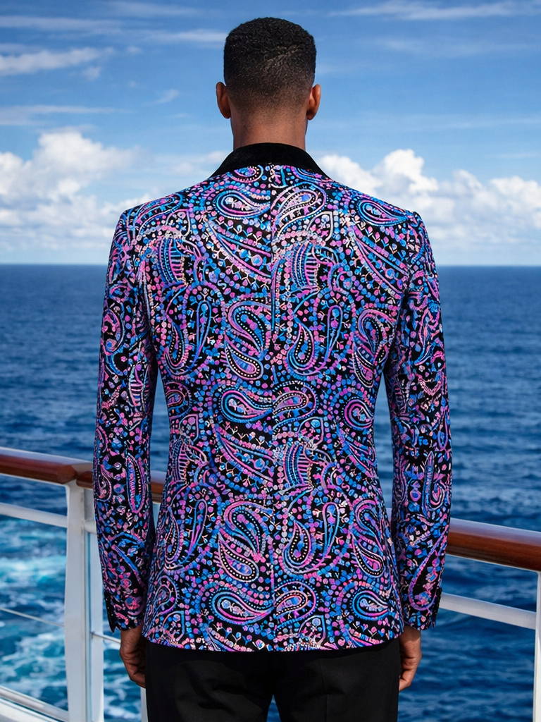 Men’s Luxury Paisley Sequin Blazer – Iridescent Purple & Blue Statement Jacket