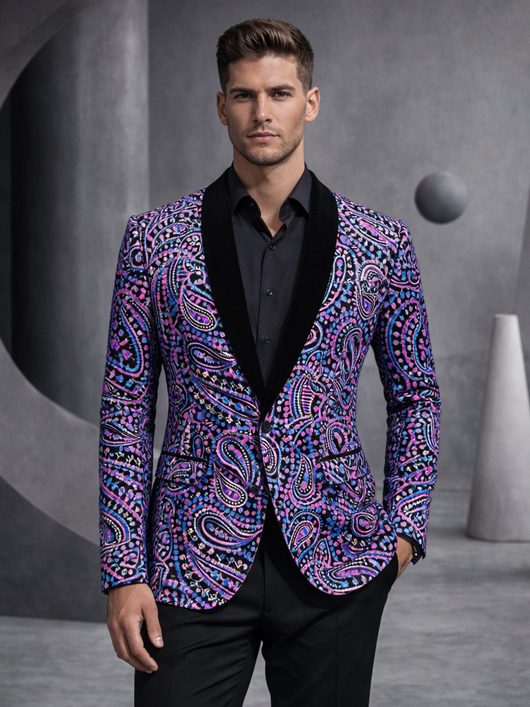 Men’s Luxury Paisley Sequin Blazer – Iridescent Purple & Blue Statement Jacket