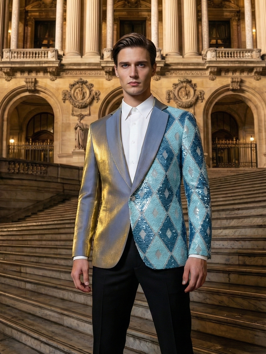Men’s Asymmetrical Sequin Blazer – Luxury Geometric Statement Jacket for Stage & Events