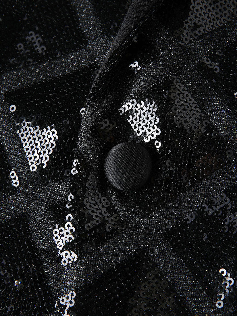 Men’s Black Diamond Grid Sequin Blazer – Luxury Geometric Pattern with Satin Peak Lapel