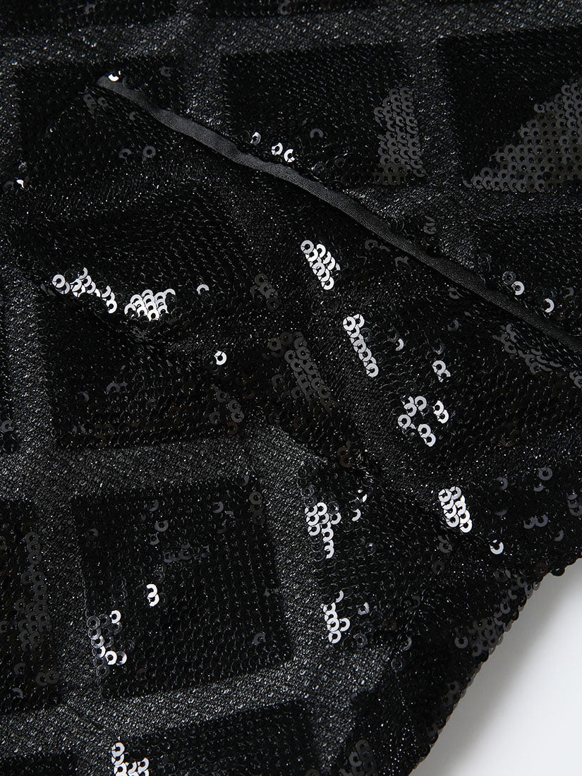 Men’s Black Diamond Grid Sequin Blazer – Luxury Geometric Pattern with Satin Peak Lapel
