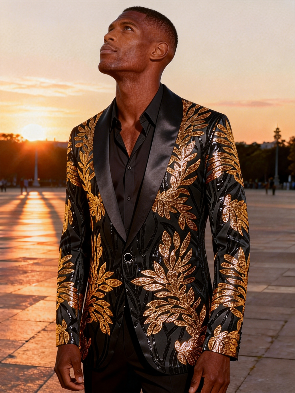 Black & Gold Botanical Sequin Blazer-Luxury Statement Jacket with Satin Notch Lapel