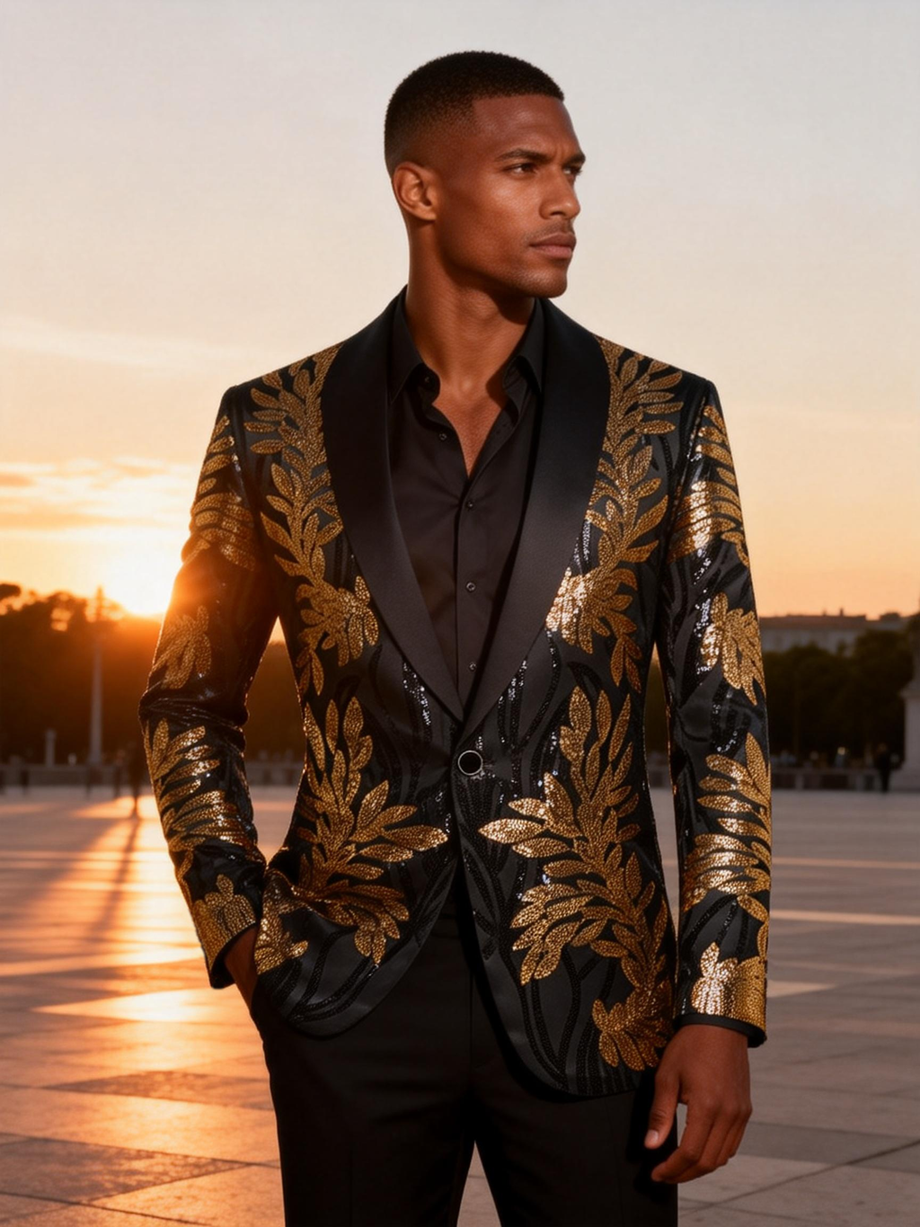 Black & Gold Botanical Sequin Blazer-Luxury Statement Jacket with Satin Notch Lapel