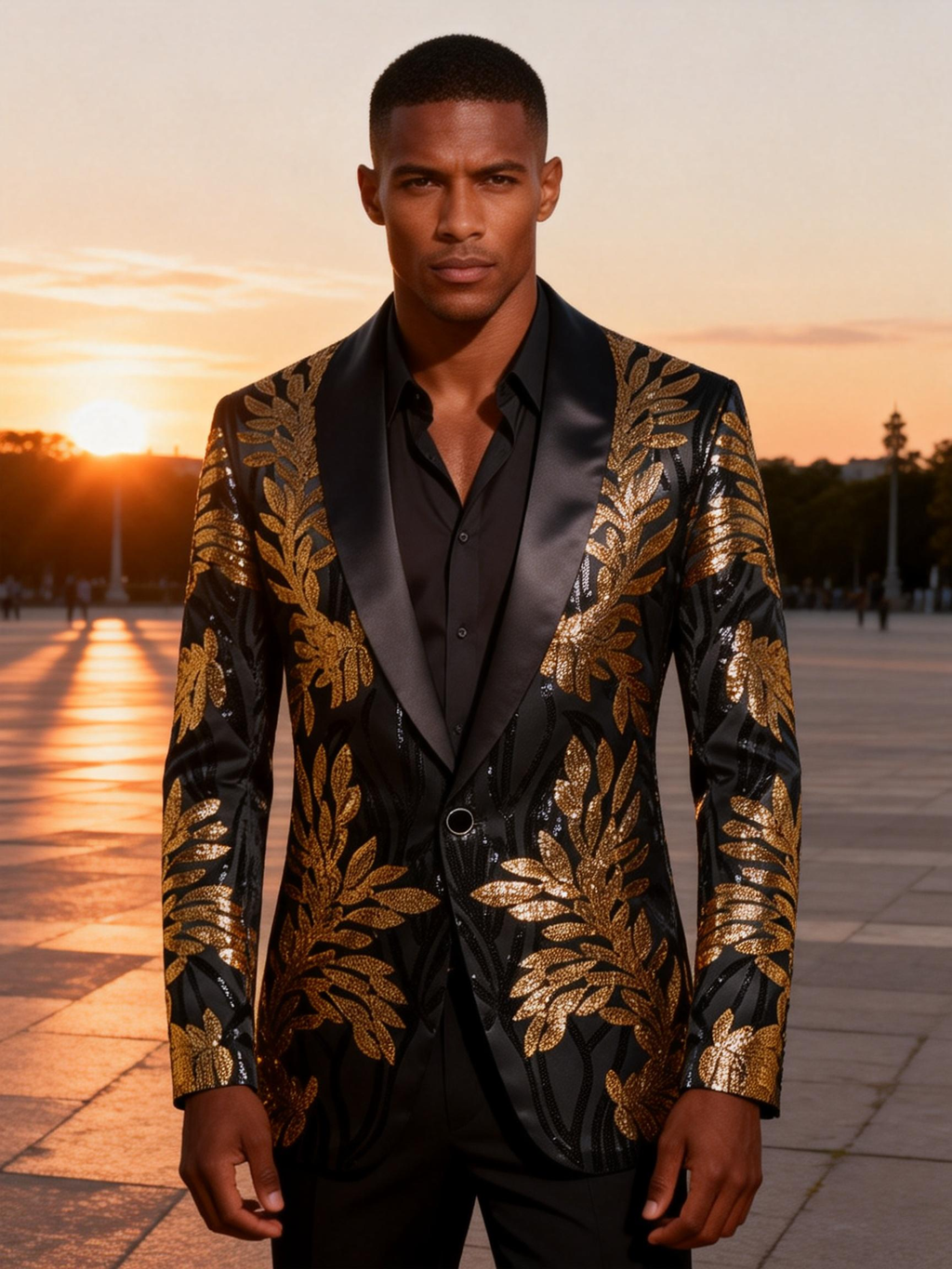 Black & Gold Botanical Sequin Blazer-Luxury Statement Jacket with Satin Notch Lapel