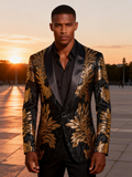 Black & Gold Botanical Sequin Blazer-Luxury Statement Jacket with Satin Notch Lapel