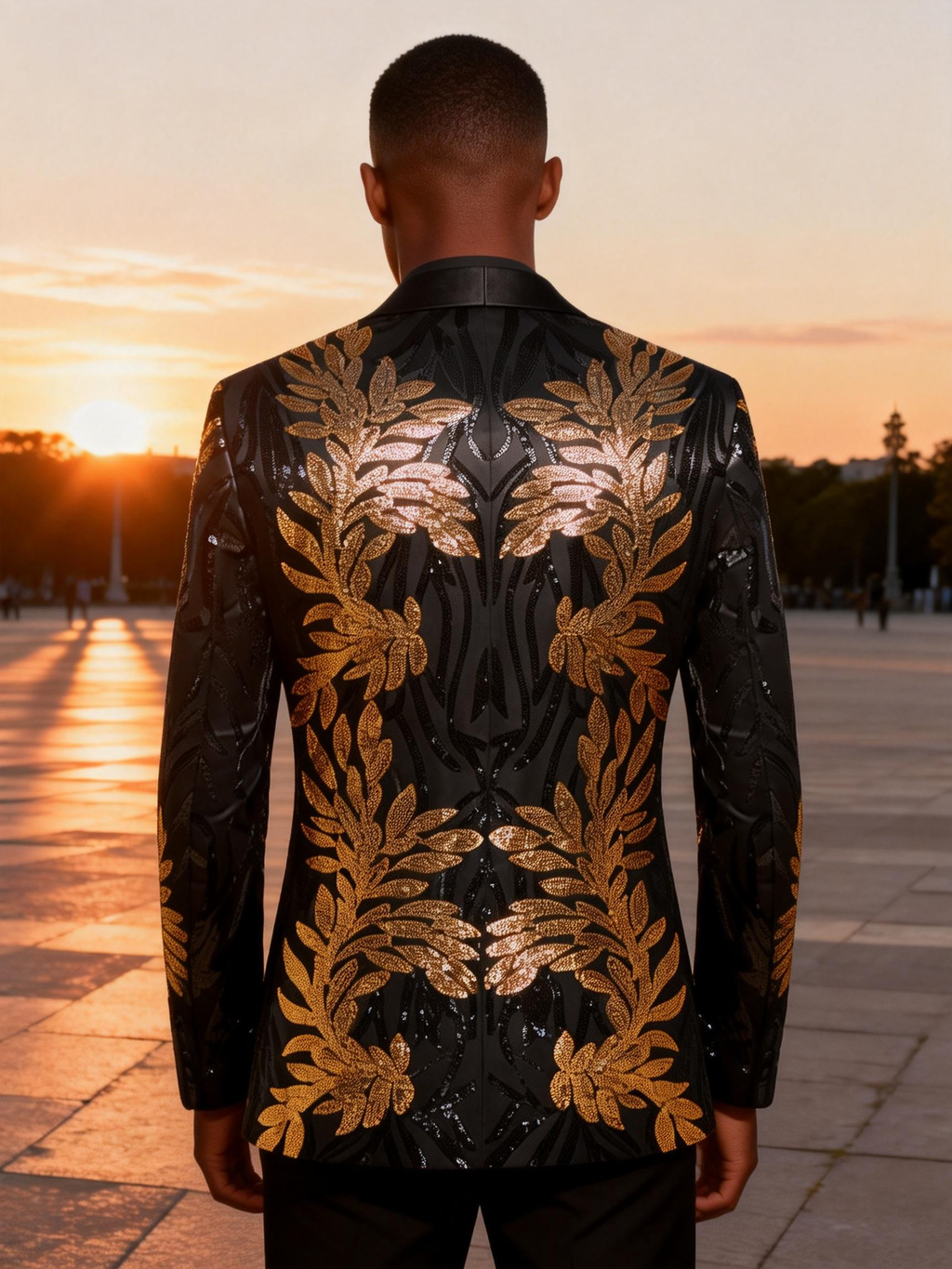 Black & Gold Botanical Sequin Blazer-Luxury Statement Jacket with Satin Notch Lapel