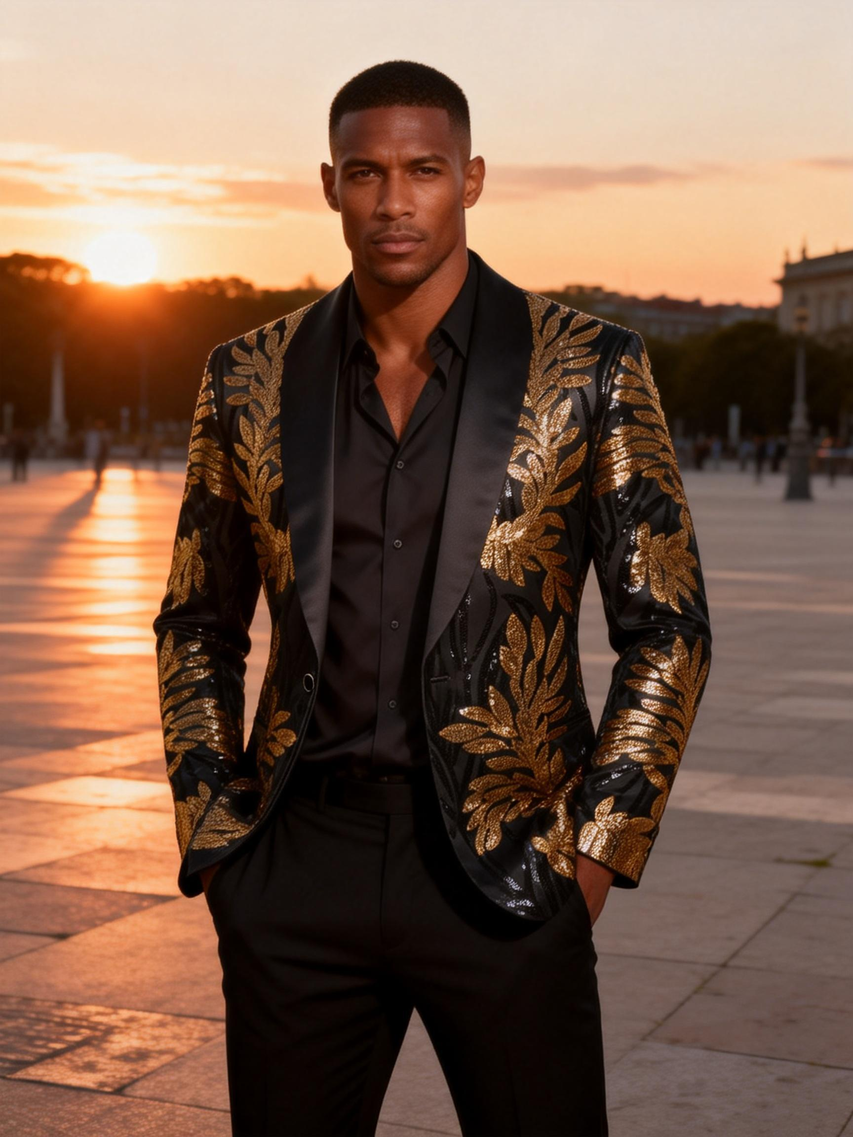 Black & Gold Botanical Sequin Blazer-Luxury Statement Jacket with Satin Notch Lapel