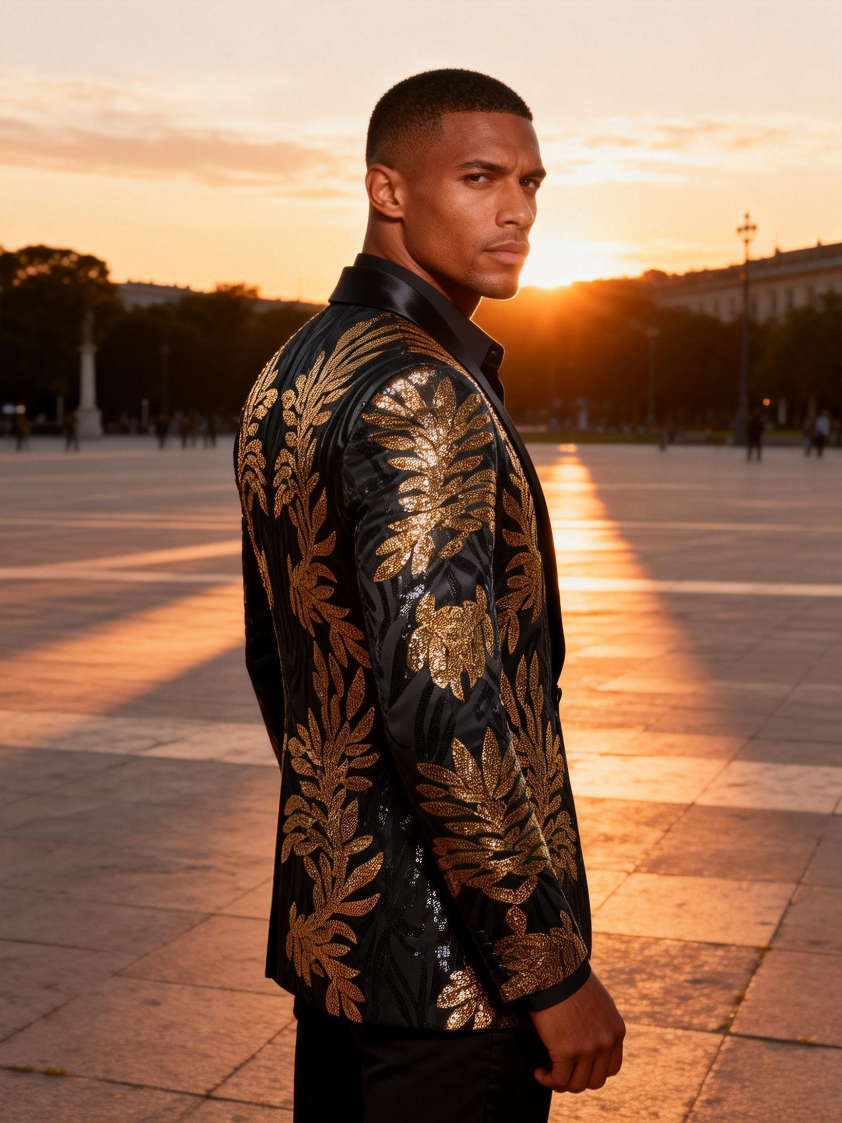 Black & Gold Botanical Sequin Blazer-Luxury Statement Jacket with Satin Notch Lapel