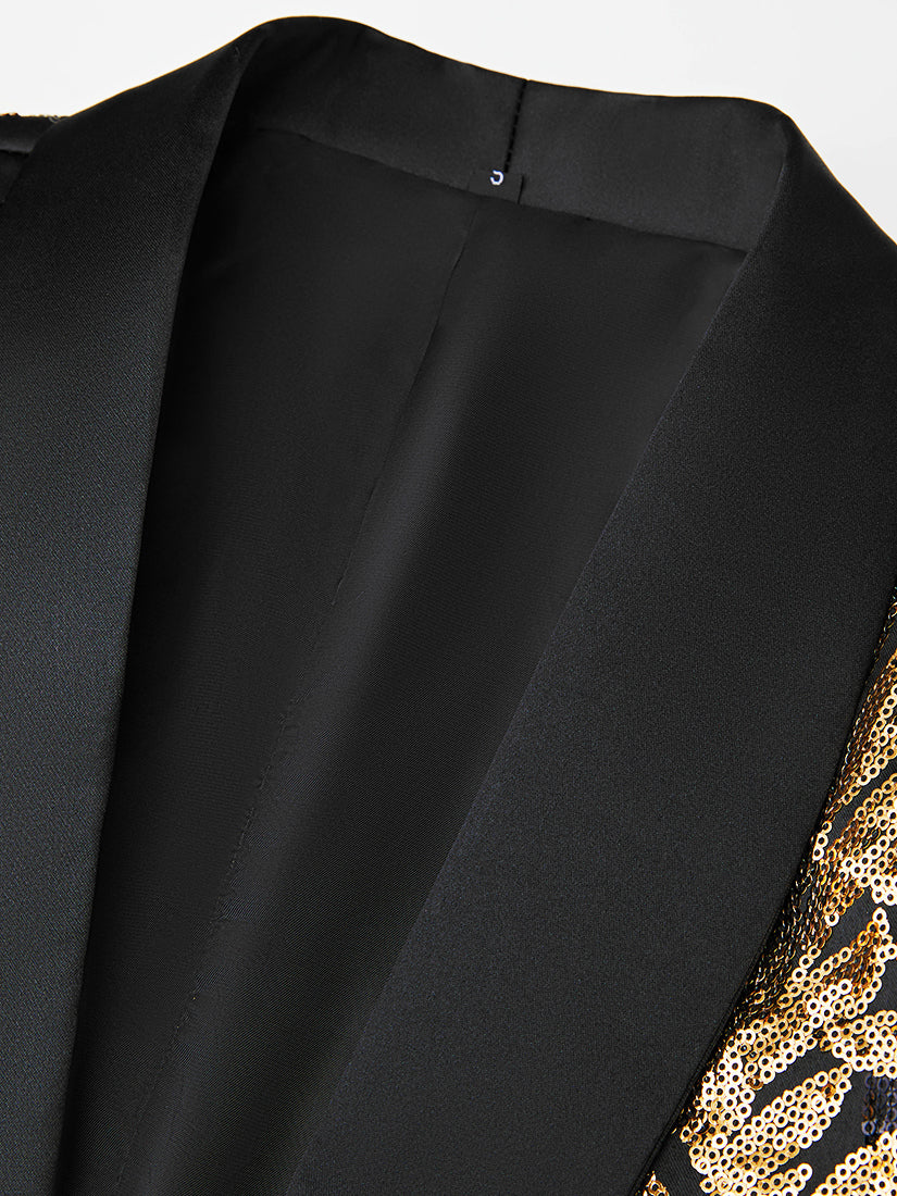 Black & Gold Botanical Sequin Blazer-Luxury Statement Jacket with Satin Notch Lapel