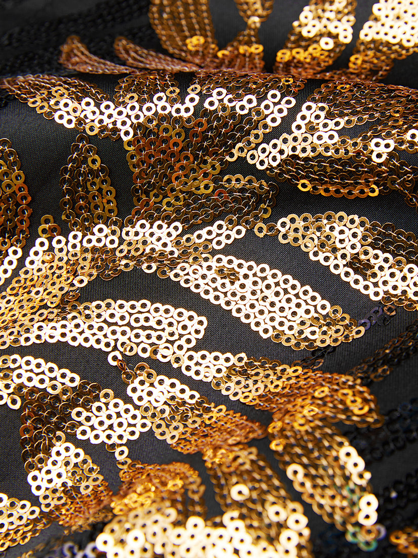 Black & Gold Botanical Sequin Blazer-Luxury Statement Jacket with Satin Notch Lapel