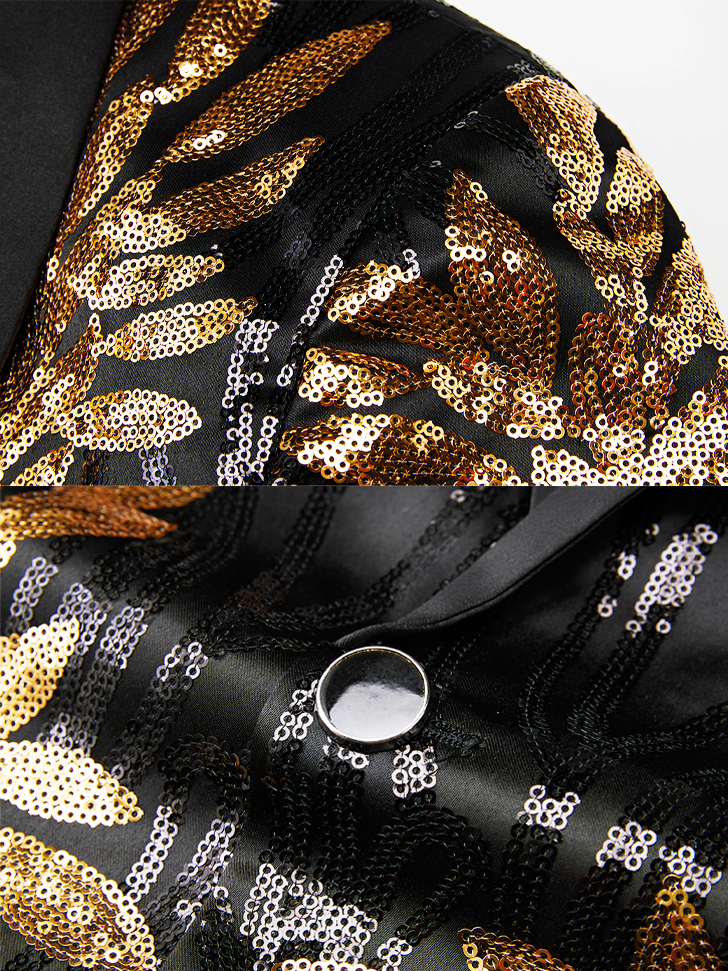 Black & Gold Botanical Sequin Blazer-Luxury Statement Jacket with Satin Notch Lapel