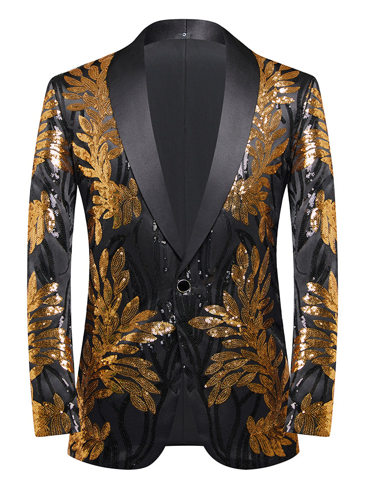 Black & Gold Botanical Sequin Blazer-Luxury Statement Jacket with Satin Notch Lapel