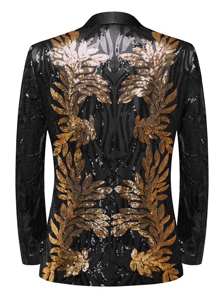 Black & Gold Botanical Sequin Blazer-Luxury Statement Jacket with Satin Notch Lapel