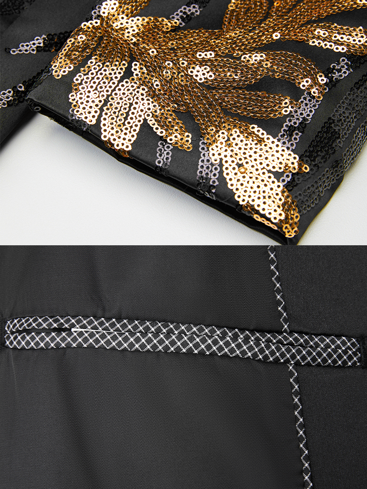 Black & Gold Botanical Sequin Blazer-Luxury Statement Jacket with Satin Notch Lapel