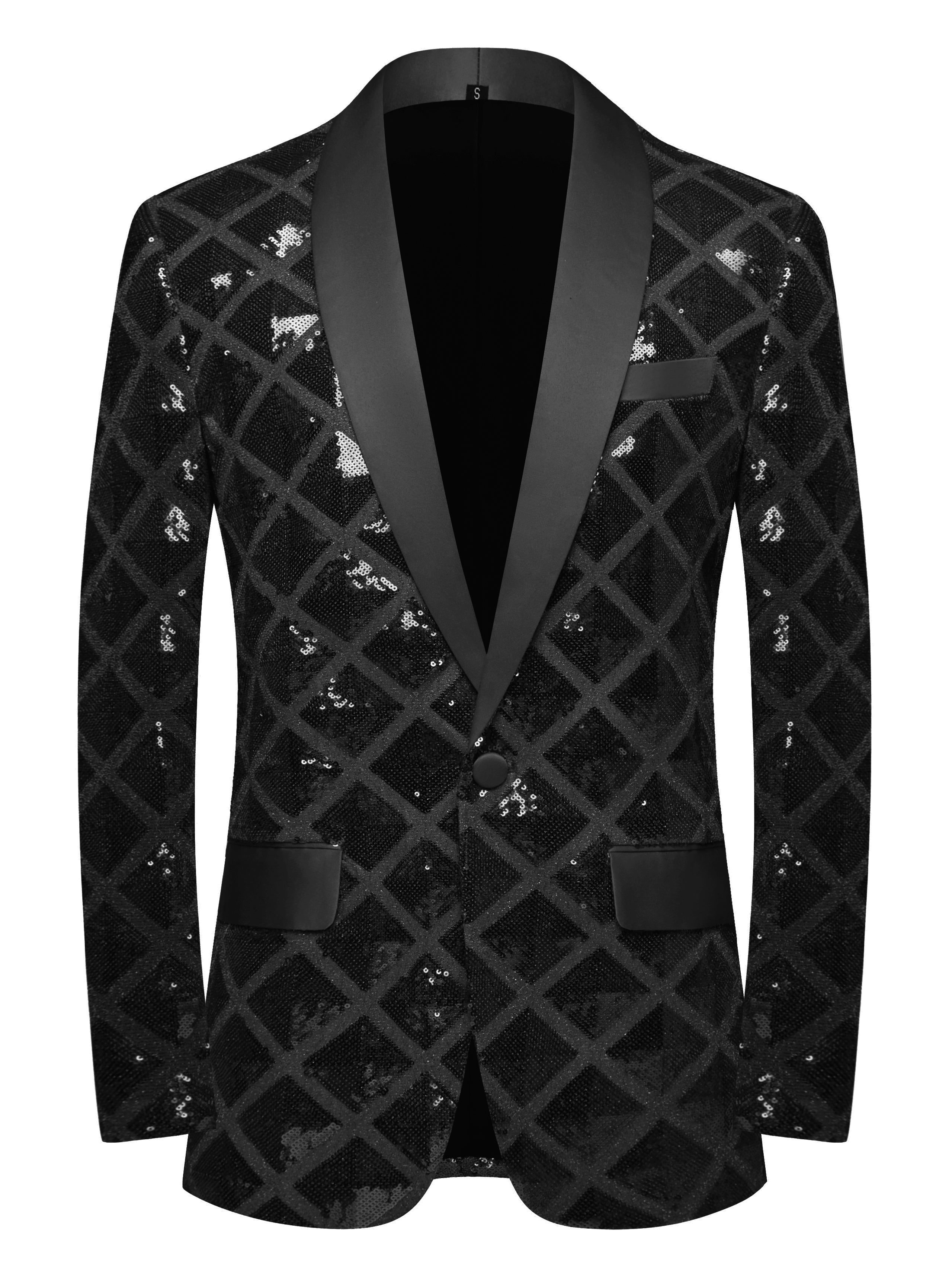 Men’s Black Diamond Grid Sequin Blazer – Luxury Geometric Pattern with Satin Peak Lapel